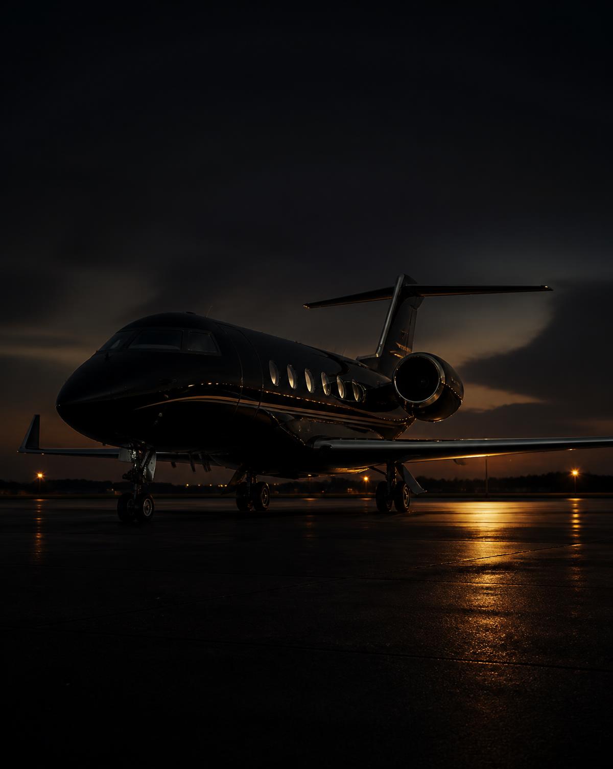 Private jet cabin interior in warm light
