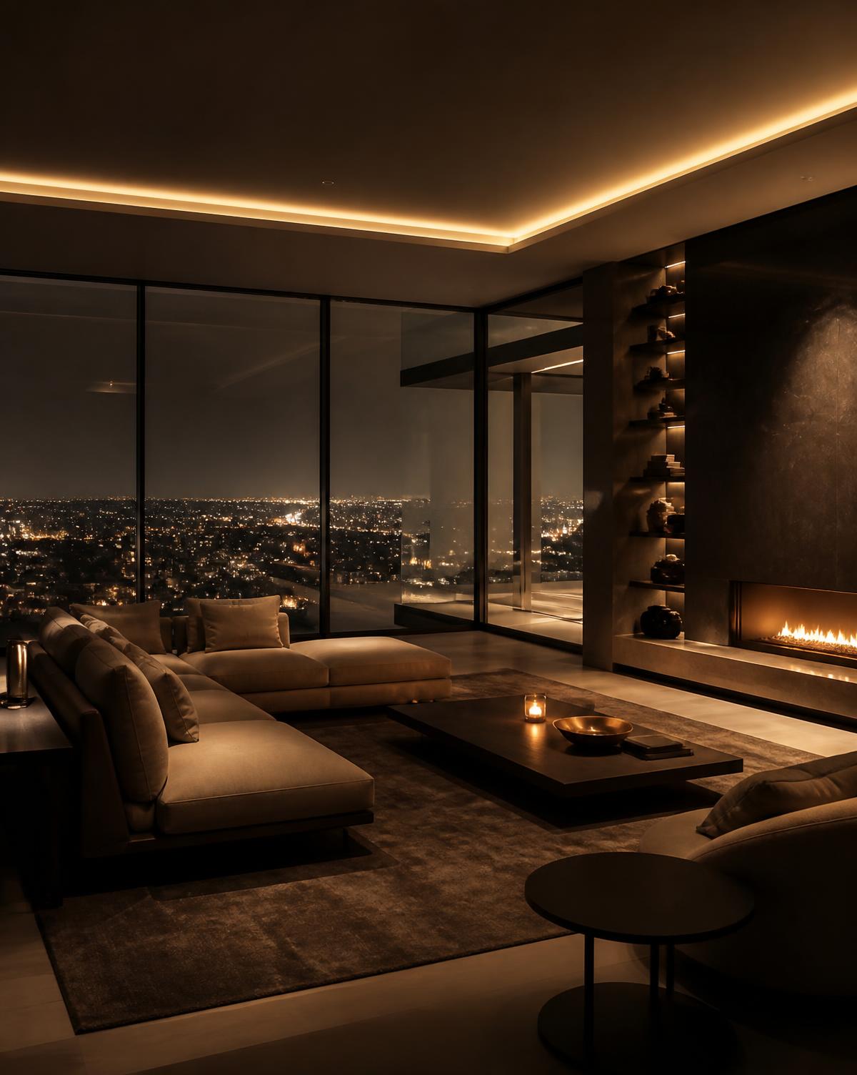 Luxury villa terrace overlooking the coast at dusk