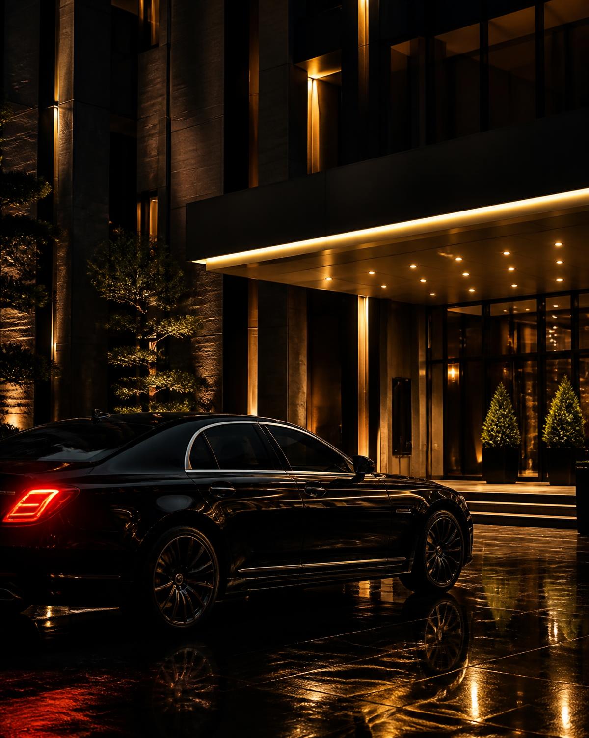 Chauffeured executive car waiting at night